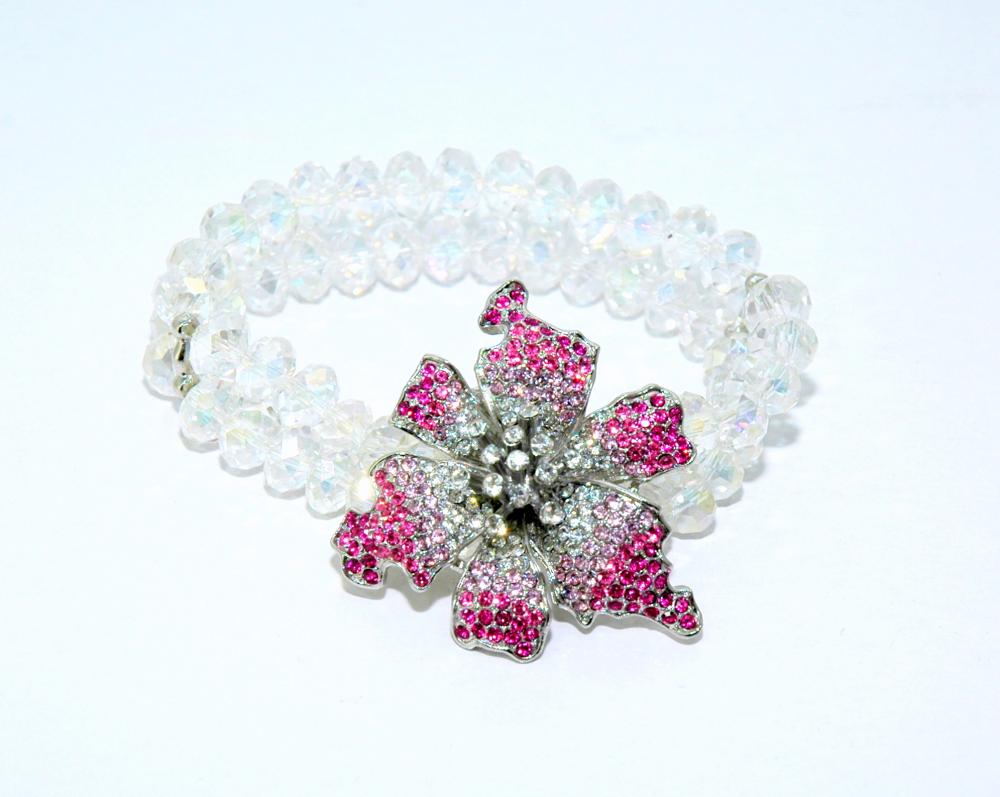 Pink Flower Stretch Beaded Bracelet - Flower Bracelet - Crystal Bracelet - Gift - Diamante Crystal Bracelet