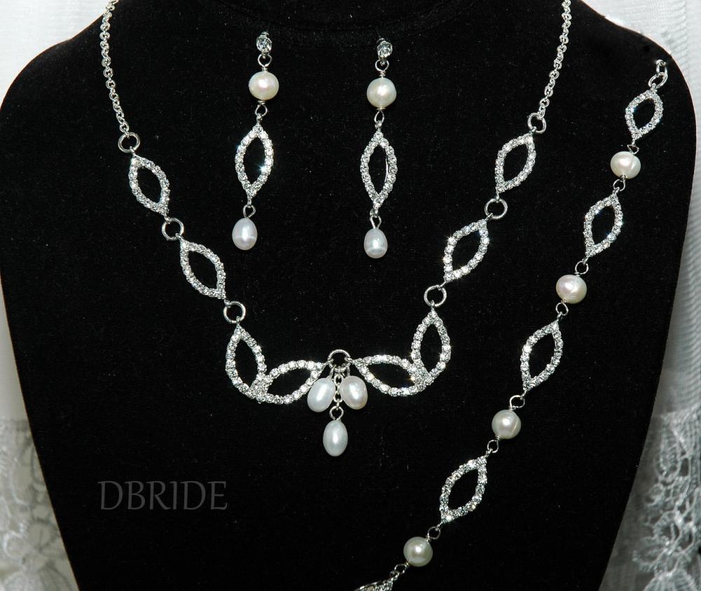 Pearl Bridal Necklace Set - Rhinestone And Pearl Bracelet - Bridal Dangle Earrings